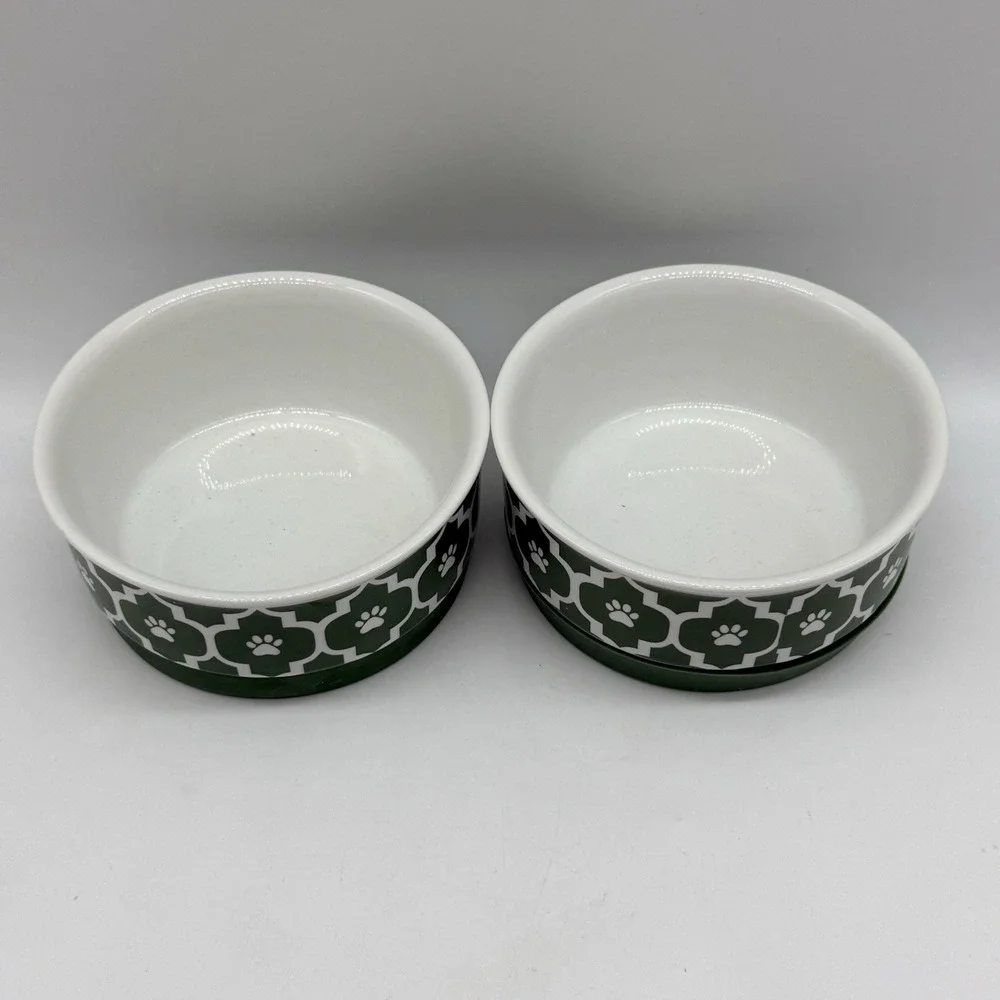 Bone Dry Paw Lattice Print Non-Skid Ceramic Set of 2 Dog Or Cat Bowls 4.25